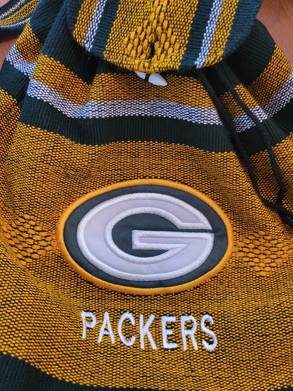 GB Packers Striped Knit Drawstring Backpack - Gold & Green